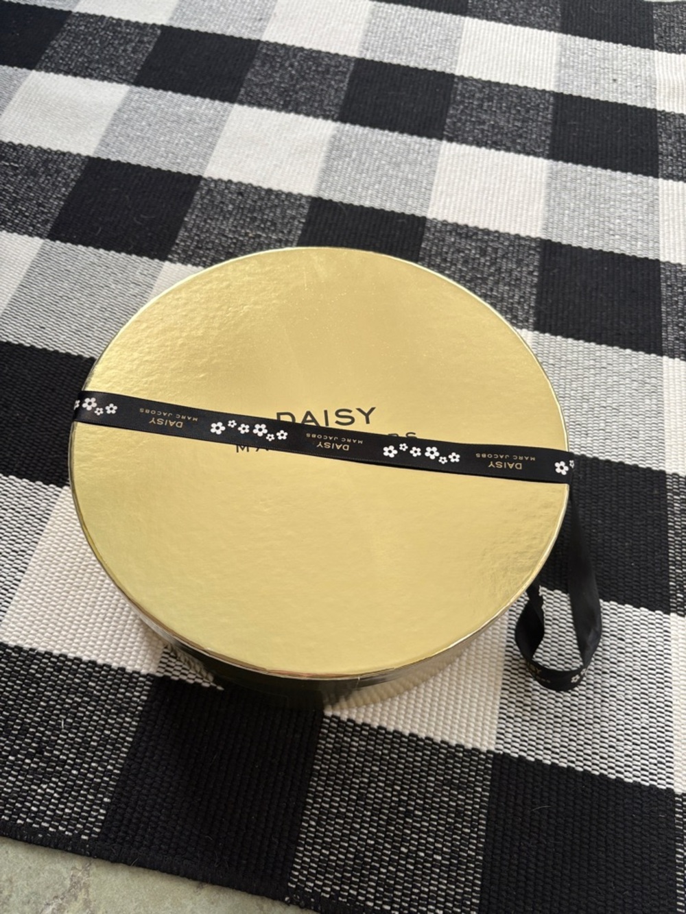 Marc Jacobs Gold Round Gift or Storage Box with Black Branded Daisy Ribbon